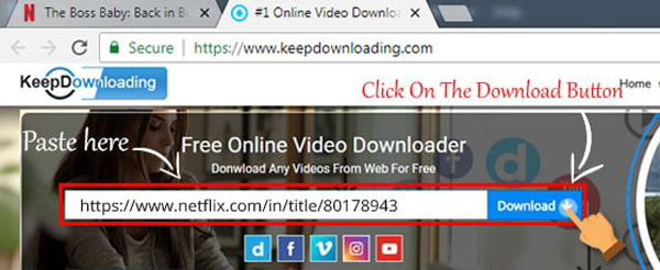 将Netflix视频的URL粘贴到keepdownloading网站，然后单击“下载”按钮